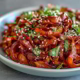 A vibrant bowl of Gochujang Swede Noodles features caramelized swede, crisp veggies, and spicy-sweet dressing for a satisfying meal.  