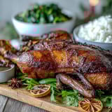 Fragrant Five-Spice Roast Duck resting beside steamed jasmine rice and crisp stir-fried greens, ready to serve.  
