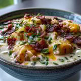 A spoon lifting a creamy spoonful of Loaded Potato Soup, featuring tender potato chunks and shredded cheddar cheese.