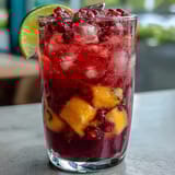 Refreshing iced beverage blending sweet mango, dragonfruit, and citrus flavors, perfect for hot summer days.  