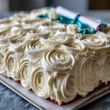 Graduation sheet cake topped with delicate buttercream roses and fondant diploma, ready to serve a crowd.  