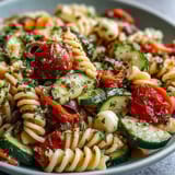 Vibrant summer pasta salad with cherry tomatoes, cucumbers, and Italian dressing, served in a large bowl with fresh parsley garnish.