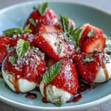 Vibrant Strawberry Caprese Salad layered with juicy tomatoes, fresh mozzarella, and basil.
