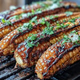 Tender, charred Grilled Corn Ribs brushed with vibrant chili lime butter, ready to enjoy.