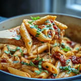 Mouthwatering one-pot creamy tomato basil pasta, coated in rich sauce, ready to serve.