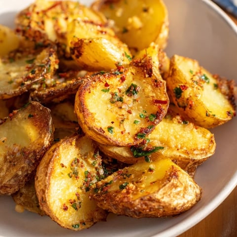 Golden-brown crispy garlic butter roasted smash potatoes, a delicious side dish with fluffy interiors.