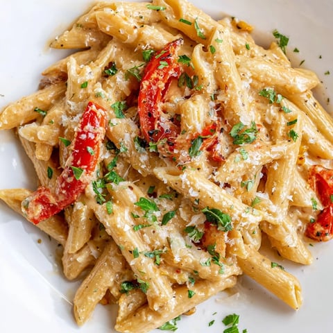 Creamy Cajun pasta twirls in a rich, velvety sauce studded with sweet roasted red peppers and fresh parsley garnish.  