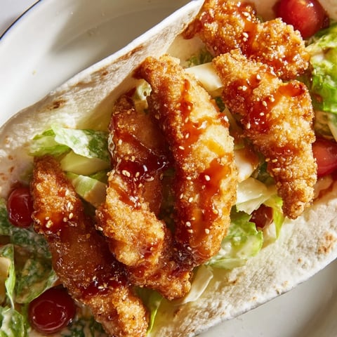 A close-up of a sliced Hot Honey Chicken Caesar Wrap, showing golden crispy chicken strips coated in sticky spicy glaze nestled inside creamy romaine and Parmesan salad.