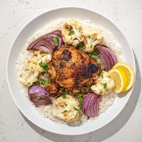 Golden roasted cauliflower florets and juicy chicken thighs on a sheet pan, seasoned with smoked paprika and served over fluffy rice.  