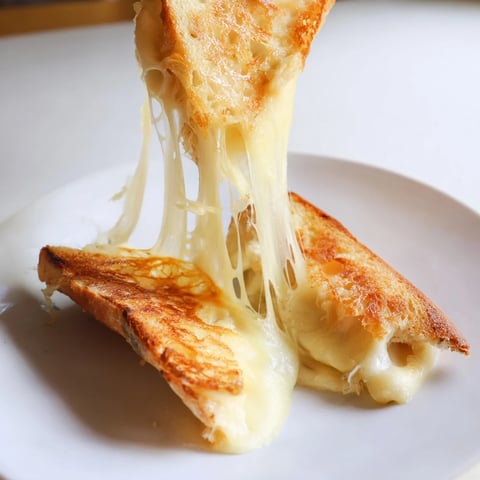 A golden Triple Cheese Sourdough Grilled Cheese sandwich, sliced to reveal layers of cheddar, provolone, and mozzarella, served alongside a steaming bowl of tomato soup.