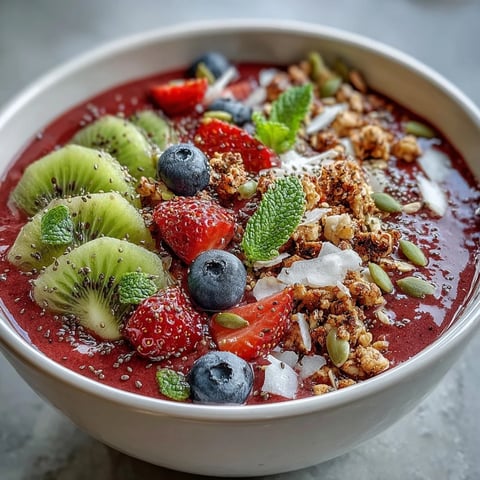 Creamy, magenta-hued Beet and Berry Smoothie Bowl topped with crunchy granola and fresh fruit slices for a vibrant breakfast.