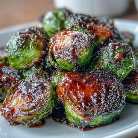 Caramelized roasted Brussels sprouts with a glossy balsamic reduction drizzle, served warm as a savory side dish for weeknight dinners.