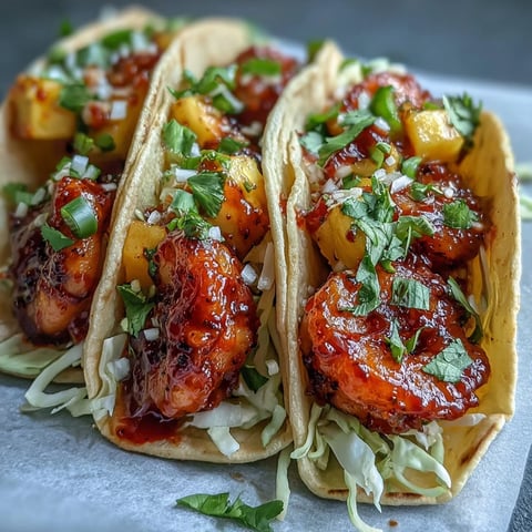 Golden-brown sriracha shrimp nestled in warm corn tortillas, topped with vibrant mango salsa and crisp shredded cabbage.  