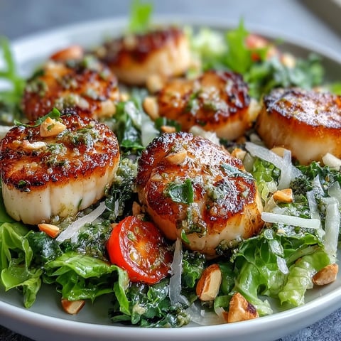 Plump, golden seared scallops rest atop a crisp escarole salad with cherry tomatoes and shaved Parmesan.