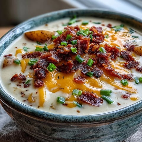 Steaming bowls of Loaded Potato Soup garnished with melted cheddar, crispy bacon bits, and fresh green onions.