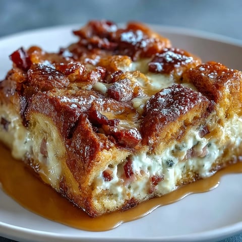 Monte Cristo Breakfast Casserole baked to golden brown perfection, topped with a generous dusting of powdered sugar.
