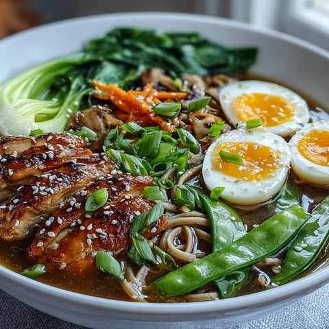 Steaming Healthy Miso Chicken Noodle Bowls feature sliced chicken and bok choy in a rich, savory broth.