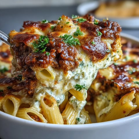 Cottage Cheese Protein Pasta Bake with Ground Beef, bubbling with golden mozzarella and rich tomato sauce, served hot and gooey from the oven.