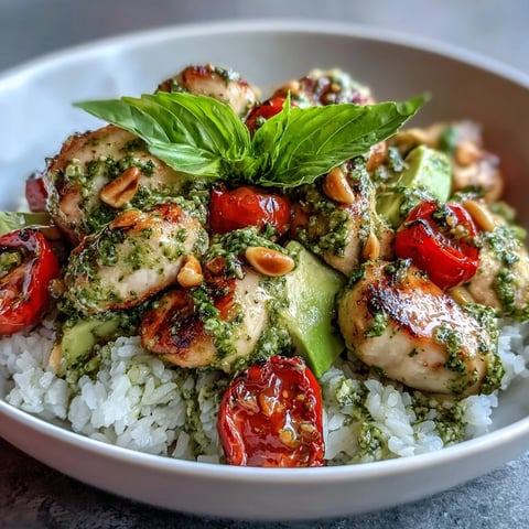 Vibrant pesto chicken bowl with fresh colorful vegetables and fluffy rice.
