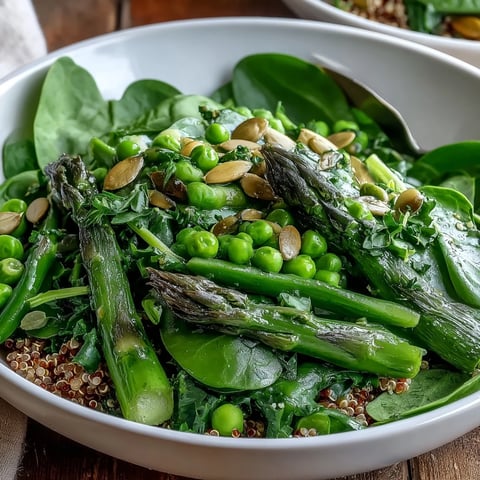 Spring Green Bowl served warm with blanched asparagus and bright lemon dressing for a fresh flavor.