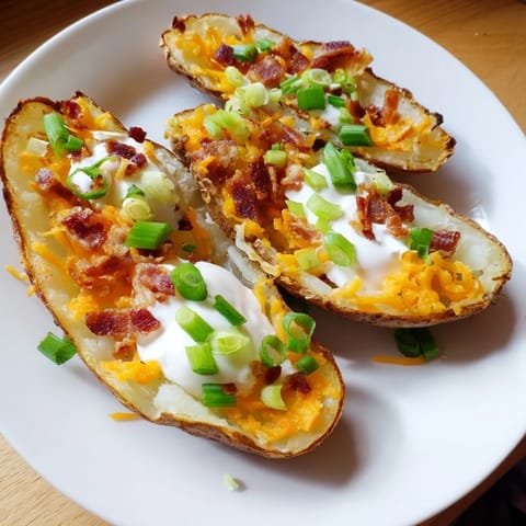 A close-up of delicious Loaded Baked Potato Skins showcases gooey cheese and savory bacon on a potato base.