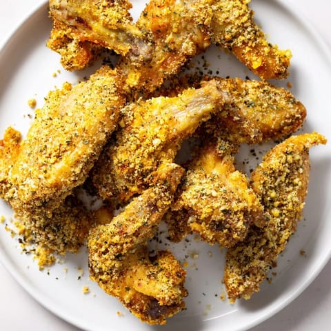 Close-up of freshly baked Parmesan Chicken Wings; crispy and flavorful, perfect for game night eats.