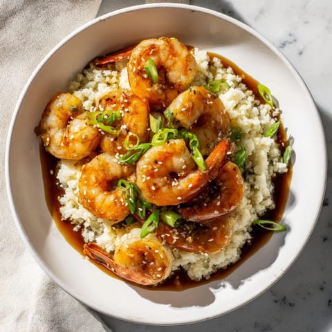 Flavorful ginger garlic shrimp bowls, perfect for a gluten-free and low-carb meal, drizzled with savory soy.