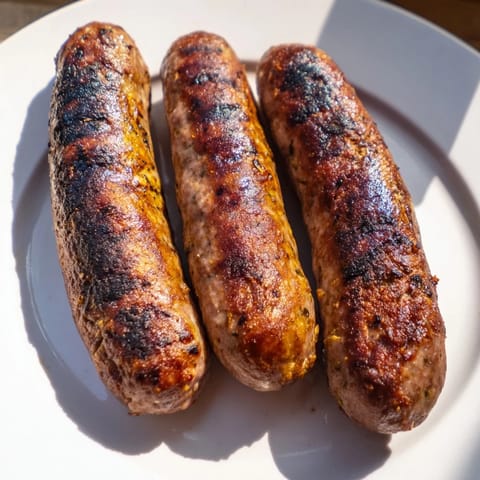Close-up of freshly cooked Romanian mici on a grill, smelling of spice and savory meat.