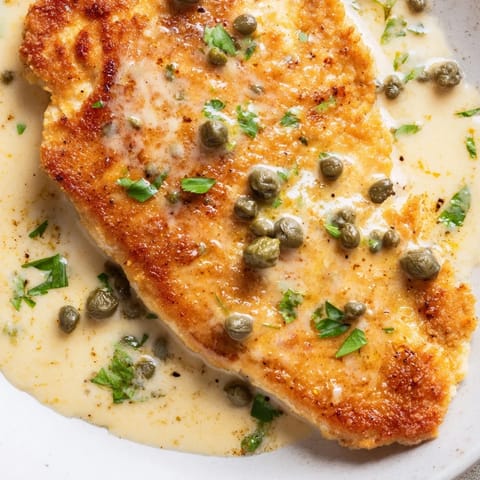 Creamy Chicken Piccata with tender chicken in a bright, tangy lemon-caper sauce, garnished with parsley.