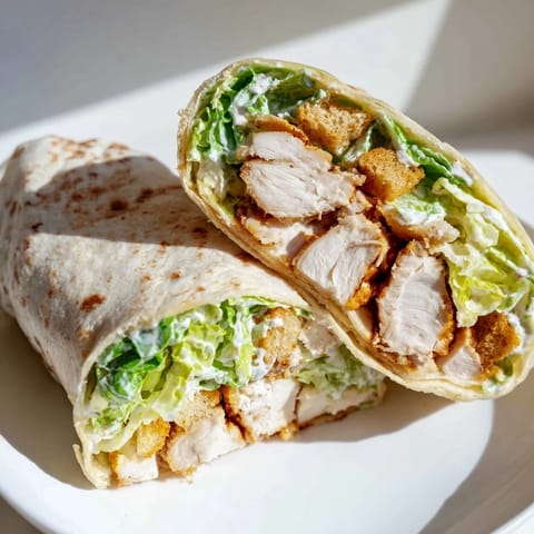 Freshly assembled Caesar Chicken Salad Wrap cut in half, showcasing juicy grilled chicken, creamy dressing, and crunchy croutons nestled in a soft tortilla.