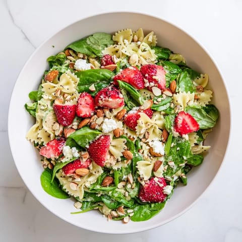 This vibrant Spring Spinach Strawberry Pasta Salad features bow-tie pasta tossed with fresh greens, juicy strawberries, and crunchy toasted almonds.