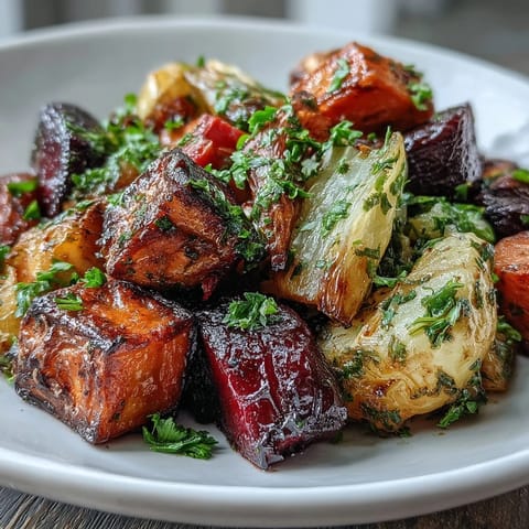 Caramelized roasted root vegetable medley glistens with olive oil and fresh herbs on a rustic platter.
