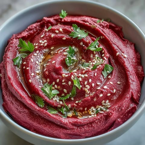 Vibrant roasted beet hummus swirls with creamy tahini, perfect for dipping.