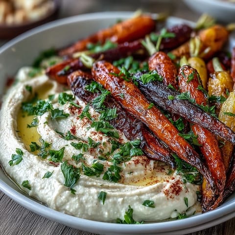 Colorful rainbow carrots and smooth hummus ready for dipping, a delicious vegan snack.