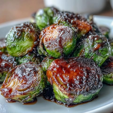 Caramelized roasted Brussels sprouts with a glossy balsamic reduction drizzle, served warm as a savory side dish for weeknight dinners.