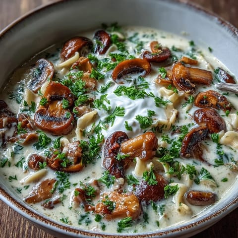 A rich bowl of Creamy Mushroom Stroganoff Soup paired with crusty bread for dipping on a cozy evening.