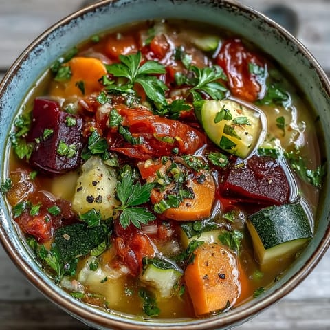 A ladle pours vibrant, chunky Rainbow Vegetable Detox Soup into a rustic ceramic bowl for lunch.