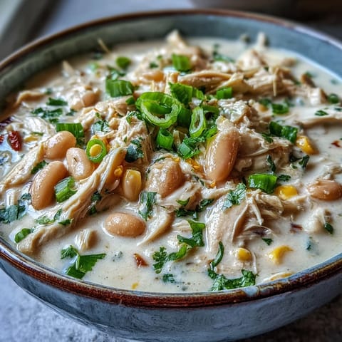 A close-up of a comforting bowl of White Chicken Chili topped with melted cheese, cilantro, and green onions.