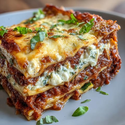 Slices of One-Pan Smoky Veggie Lentil Lasagne reveal layered red lentil bolognese, ricotta, and sheets on a white plate.