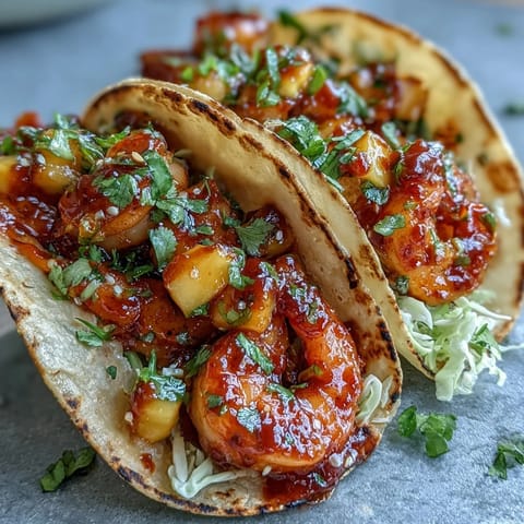 Flavorful sriracha shrimp tacos garnished with fresh cilantro and lime wedges on a rustic wooden board.  