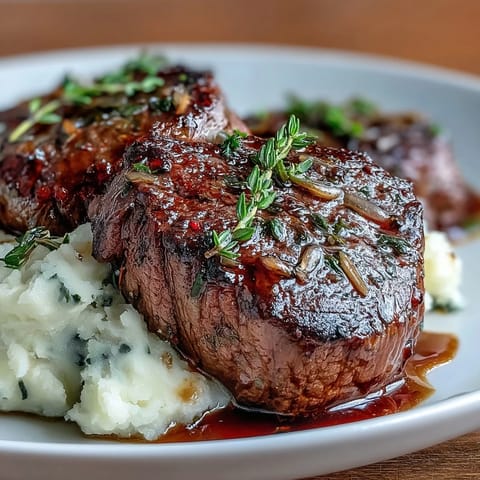 Juicy, pan-seared venison steaks rest on creamy caraway crushed swede with a rich, savory red wine sauce.