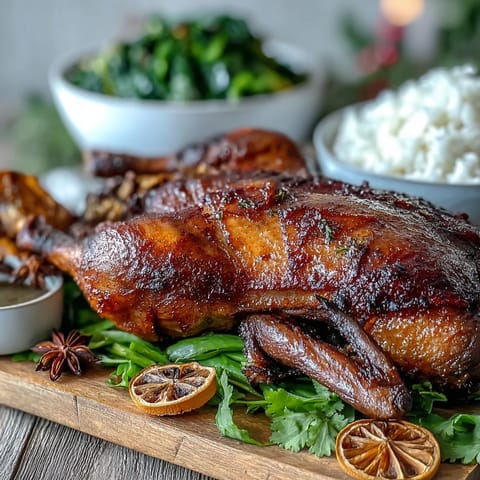 Fragrant Five-Spice Roast Duck resting beside steamed jasmine rice and crisp stir-fried greens, ready to serve.  
