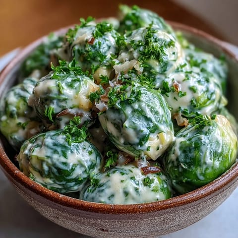 Crispy Brussels sprouts coated in a creamy Dijon mustard sauce, garnished with fresh parsley.