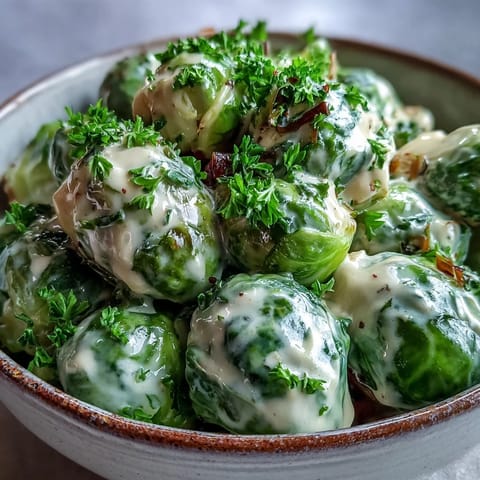 Roasted Brussels sprouts tossed in a silky cream cheese sauce with garlic and onions.