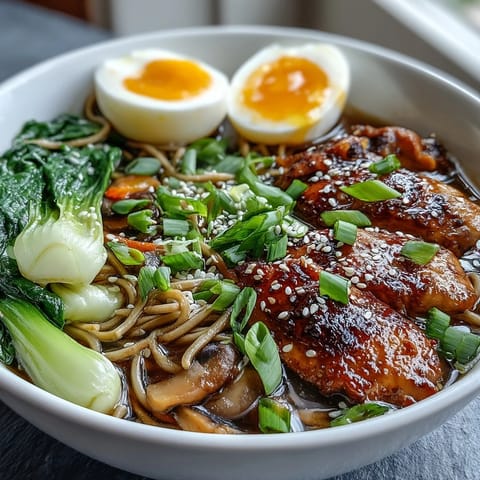 Healthy Miso Chicken Noodle Bowls garnished with soft-boiled eggs, sesame seeds, and scallions over soba noodles.