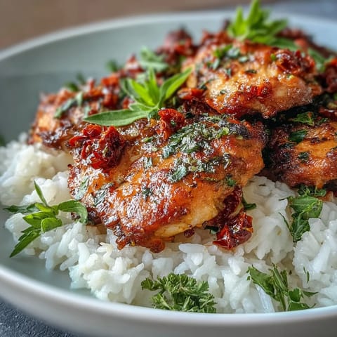 Sun-Dried Tomato Chicken Bowl topped with fresh greens and fluffy rice.