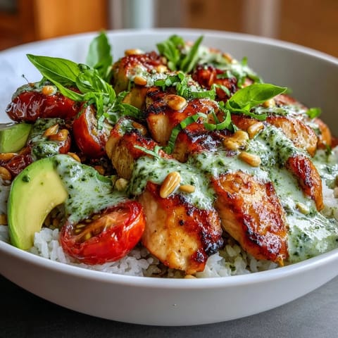 Hearty pesto chicken bowl, a quick weeknight meal with juicy chicken and greens.