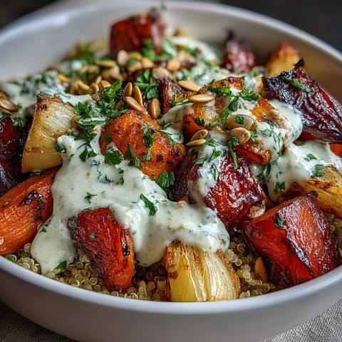 Colorful roasted root vegetables crown fluffy quinoa in a vibrant Roasted Root Vegetable Bowl.