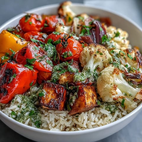 Roasted medley of red peppers, purple cauliflower, and zucchini in a nourishing vegetarian bowl.