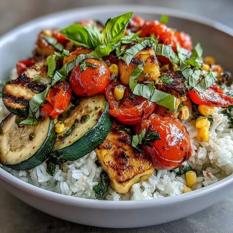 Bright zucchini, sweet corn, and juicy tomatoes top fluffy rice in this vibrant Summer Vegetable Bowl, garnished with fresh basil.
